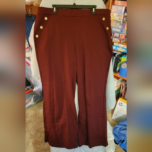 Shein Trouser 2X Burgundy Wide Leg Pants Gold Button Accent Back Waist Elastic - Picture 1 of 4